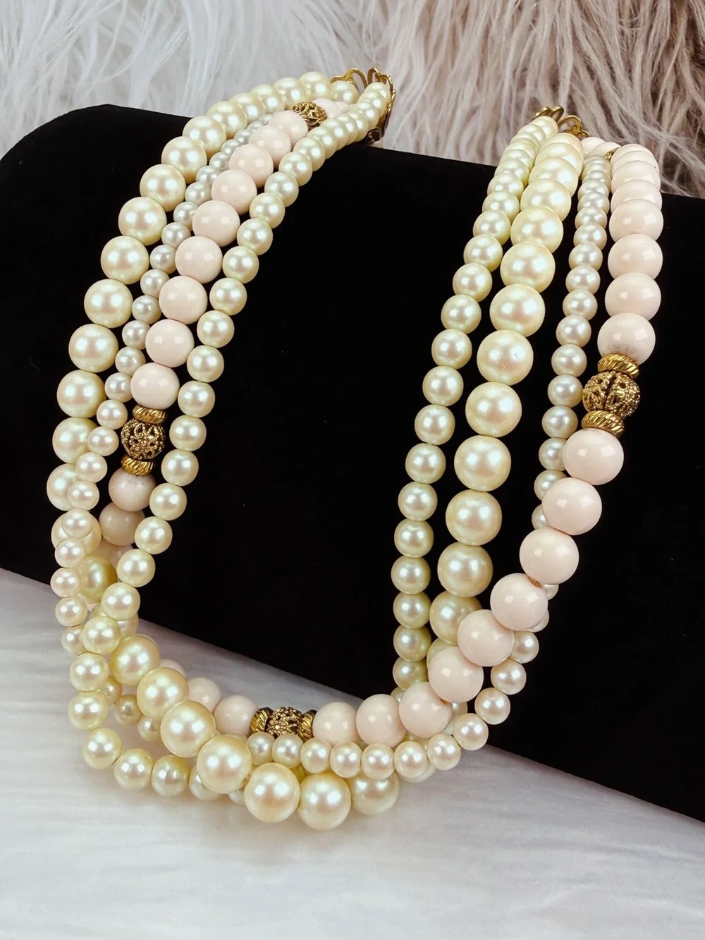 1928 Multi Strand Cream Blush Bead Gold Tone Statement Necklace Vintage